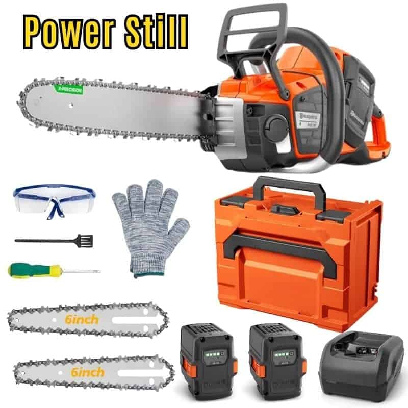 Motosega a batteria HUSQ FR con accessori e batteria.