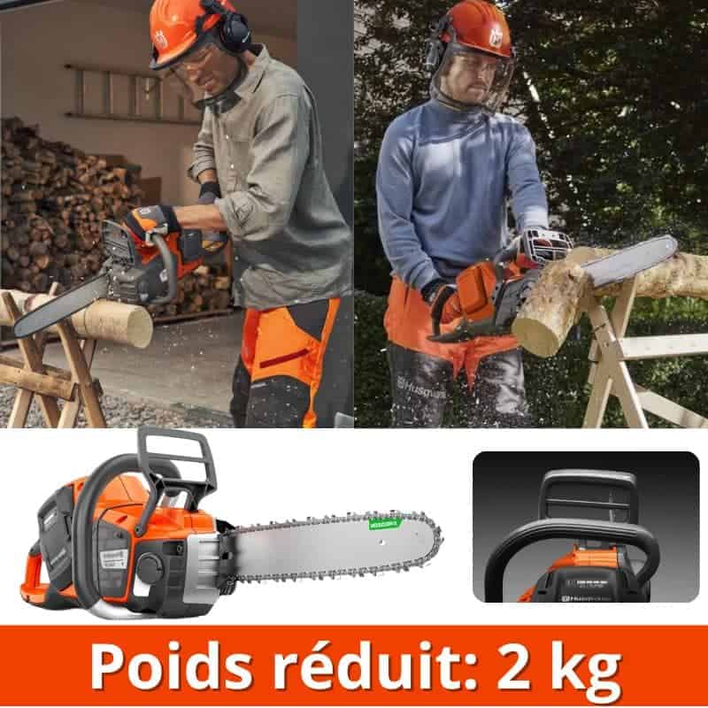 Motosega a batteria HUSQ FR con lama affilata e design compatto.